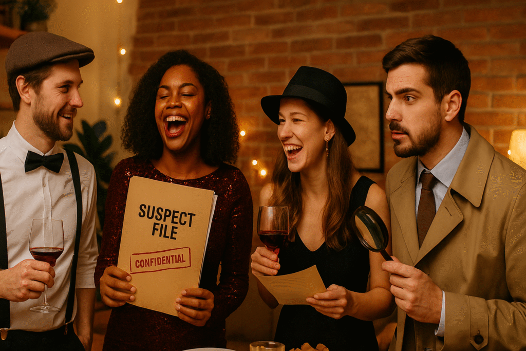 A group of four friends smile and laugh as they enjoy a murder mystery together