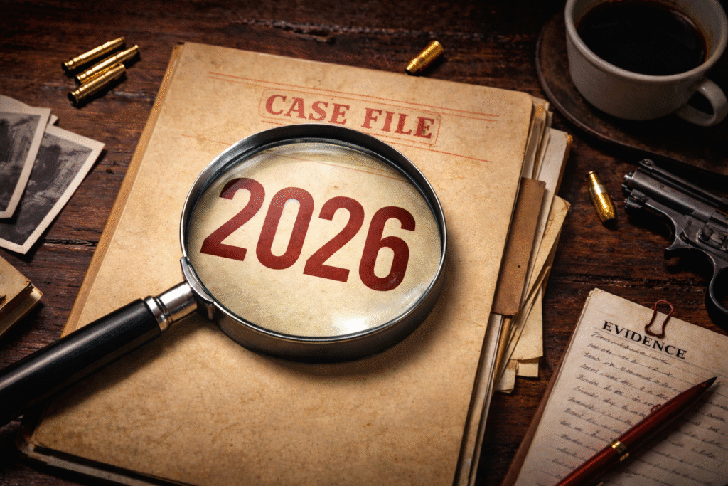 A case file on a messy desk with a magnifying glass over it, highlightng the text 2026.
